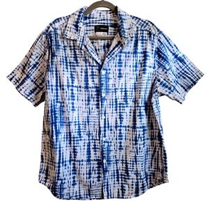 Original Use Blue White Tie Dye Shibori Button Down Shirt Cotton Camp Collar L